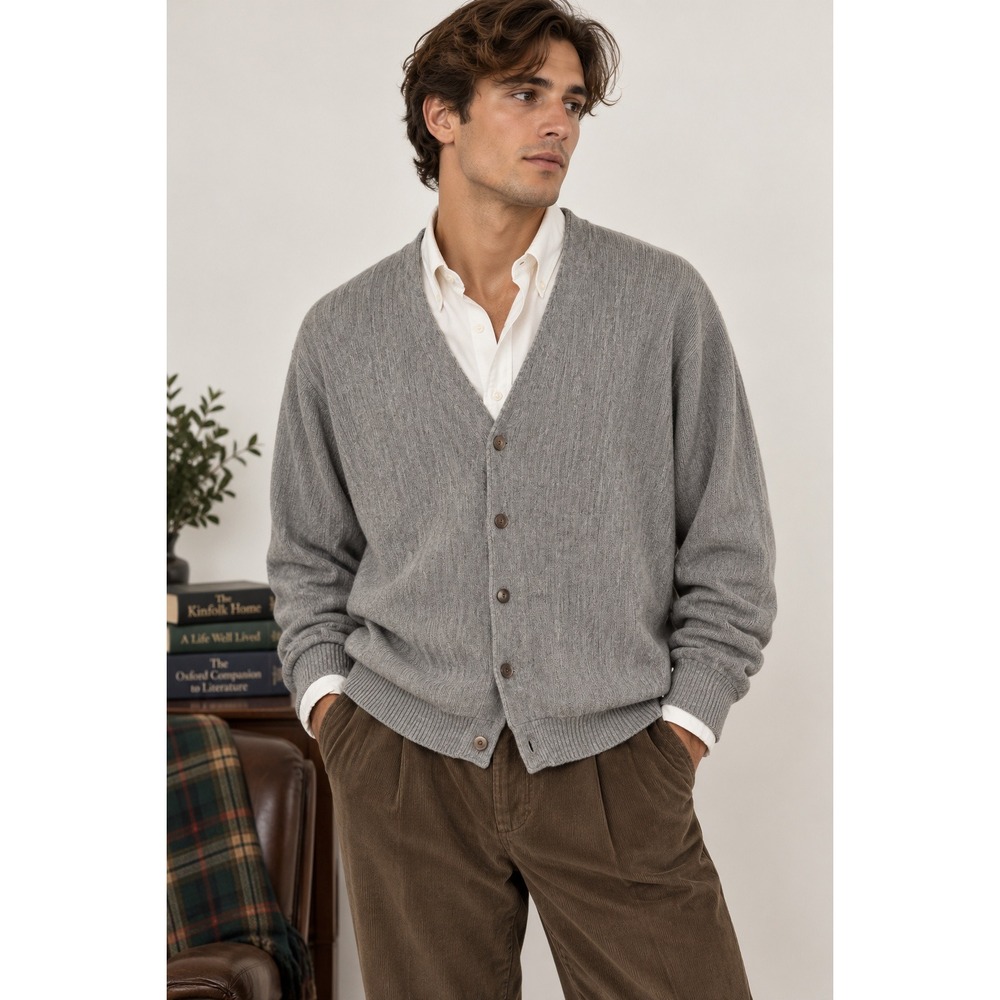 VTG JCPenney Cardigan Sweater Mens L Gray Orlon Acrylic V-Neck Academia Preppy